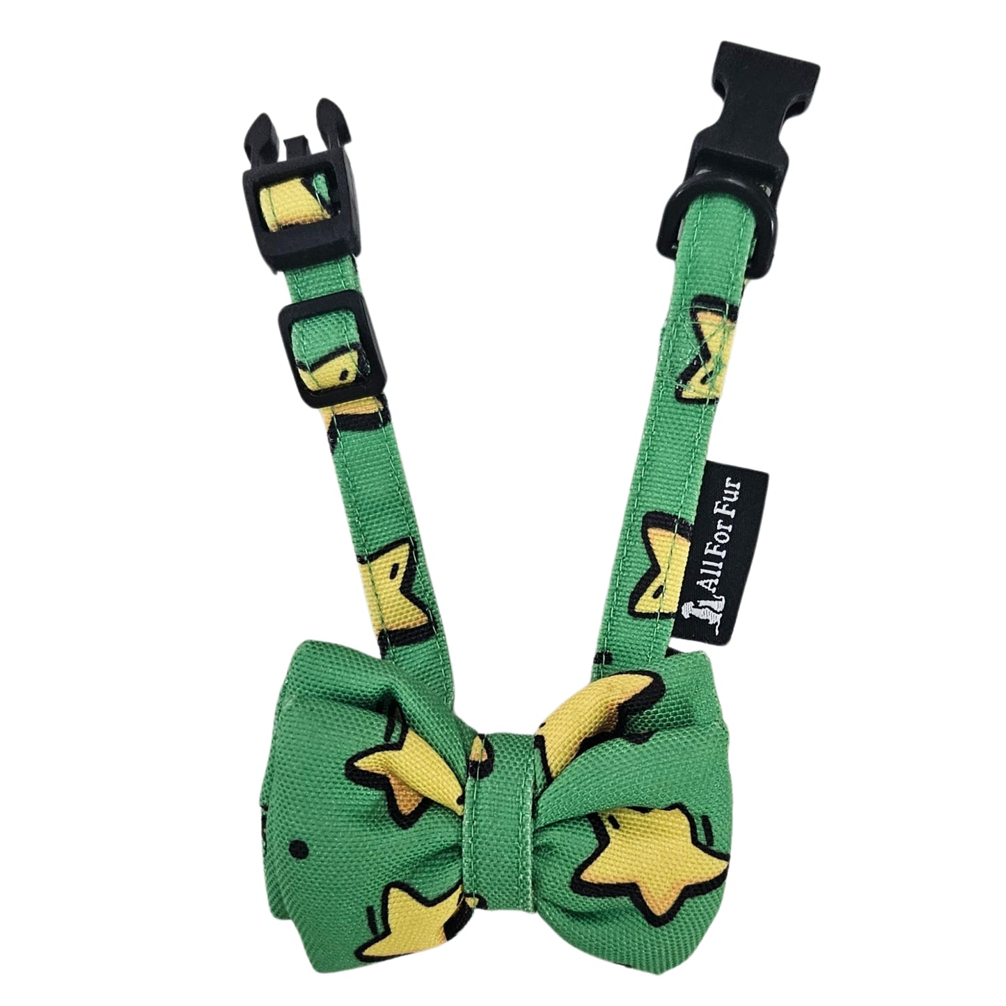 Green Stars Print Cat & Puppy Bow Tie | Snap-Buckle Closure | D-Ring Attachment