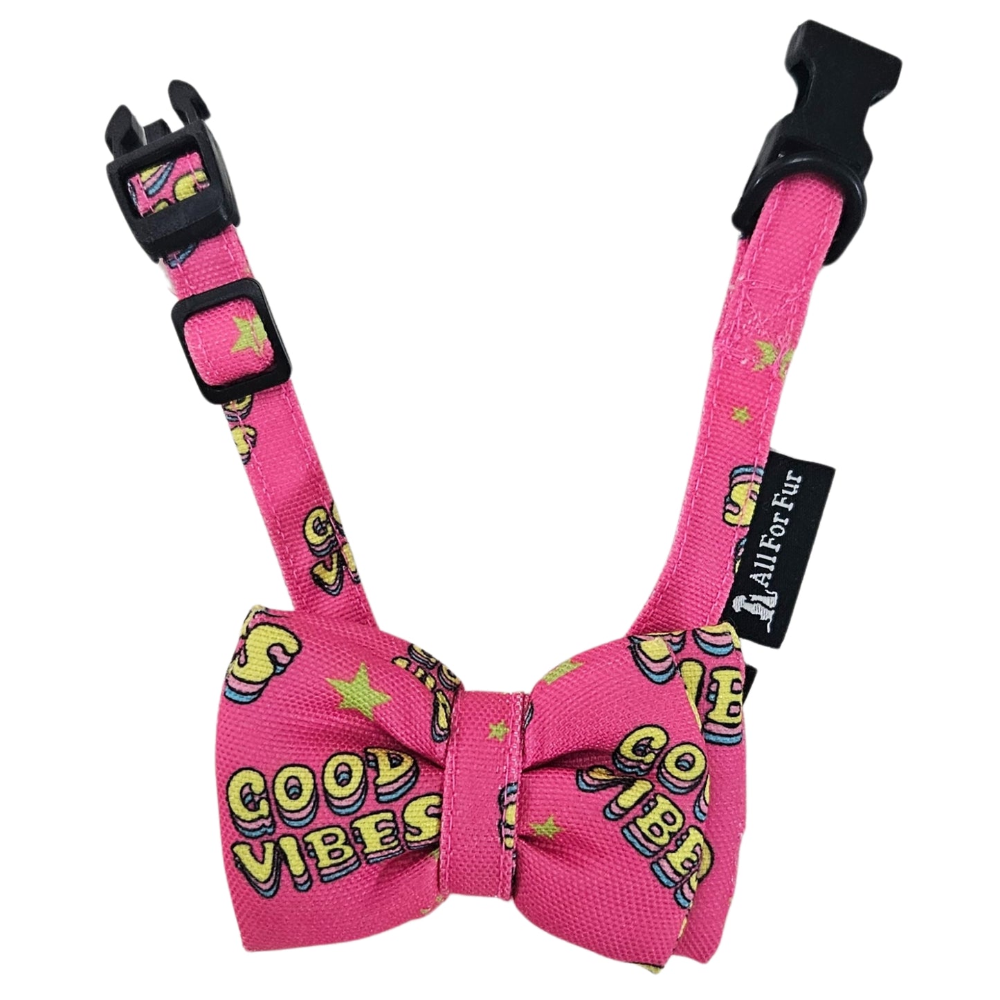 Good Vibes Print Cat & Puppy Bow Tie | Snap-Buckle Closure | D-Ring Attachment