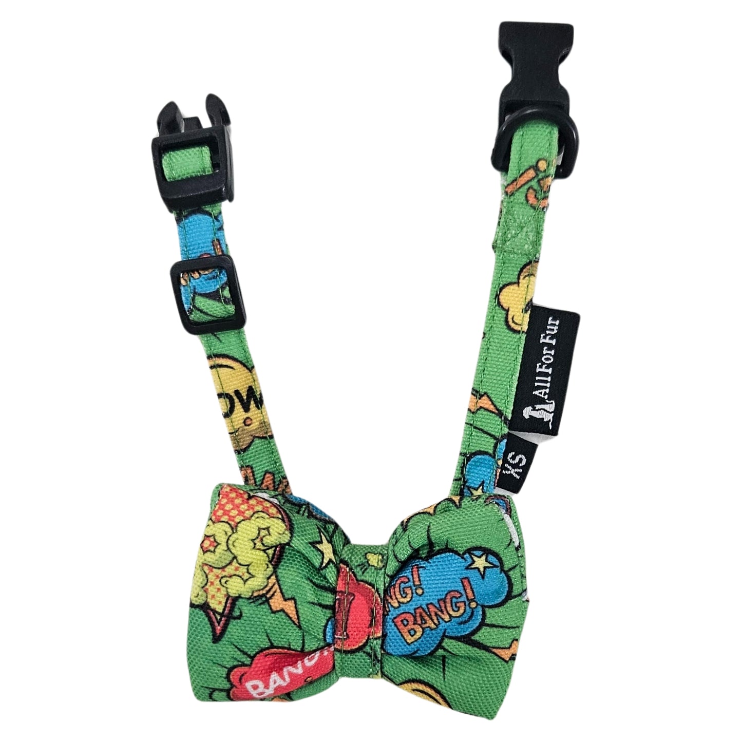 Green Big Bang Print Cat & Puppy Bow Tie | Snap-Buckle Closure | D-Ring Attachment