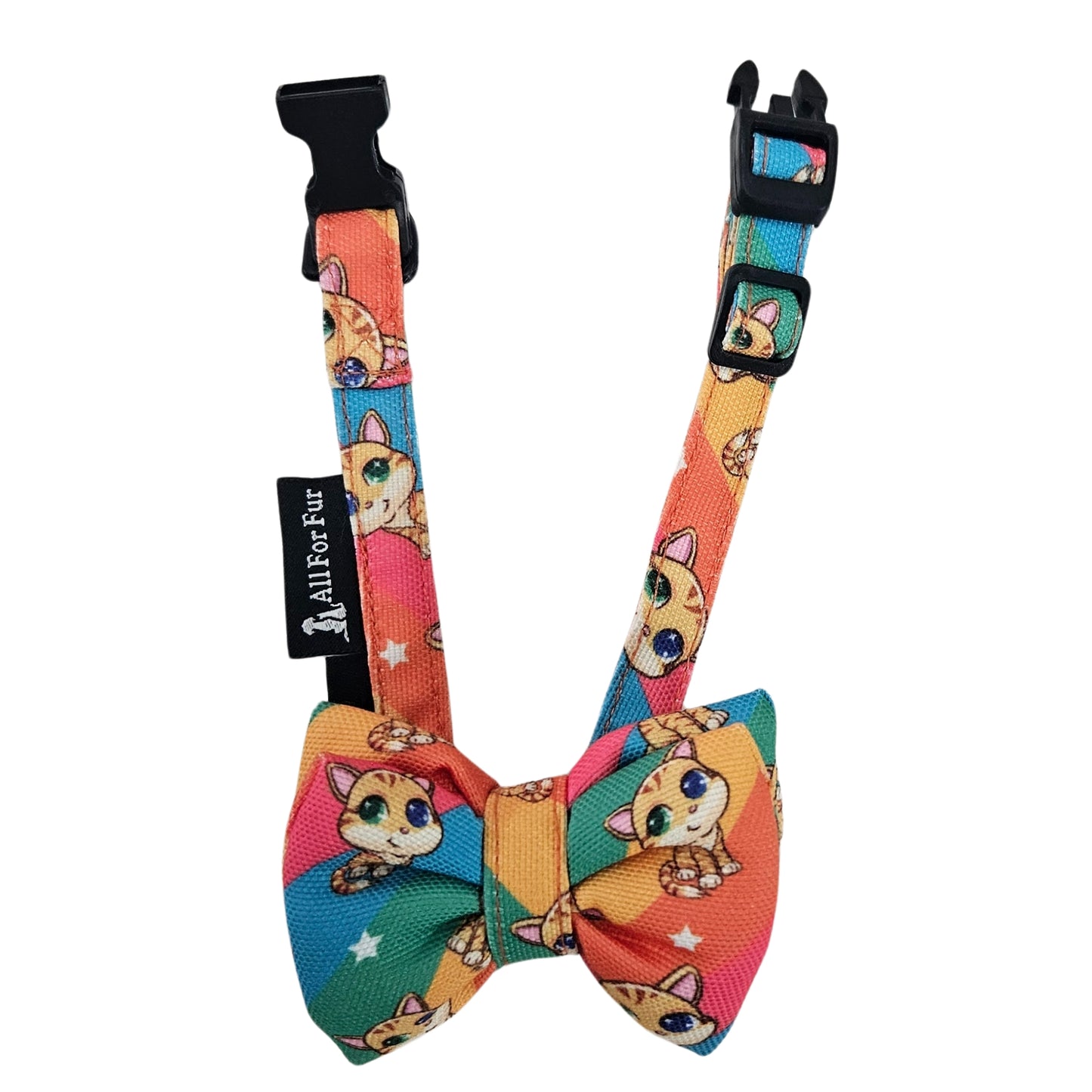 Rainbow Cat Print Cat & Puppy Bow Tie | Snap-Buckle Closure | D-Ring Attachment