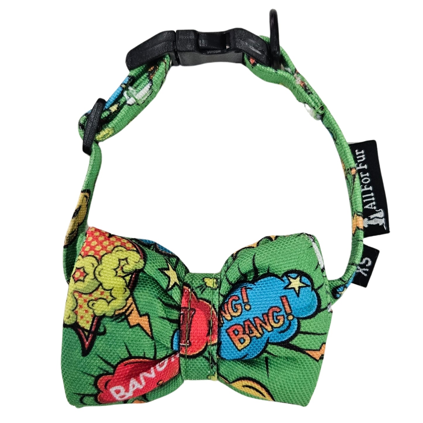Green Big Bang Print Cat & Puppy Bow Tie | Snap-Buckle Closure | D-Ring Attachment