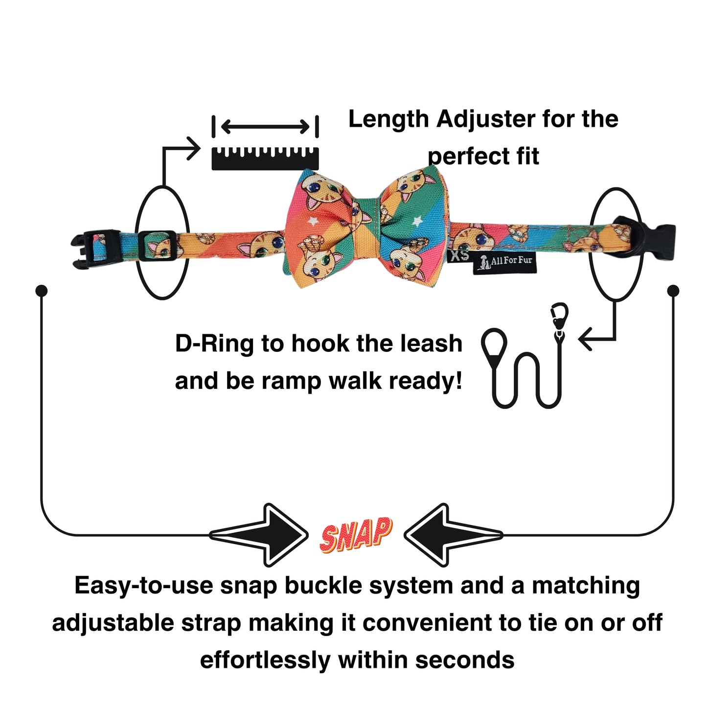 Rainbow Cat Print Cat & Puppy Bow Tie | Snap-Buckle Closure | D-Ring Attachment