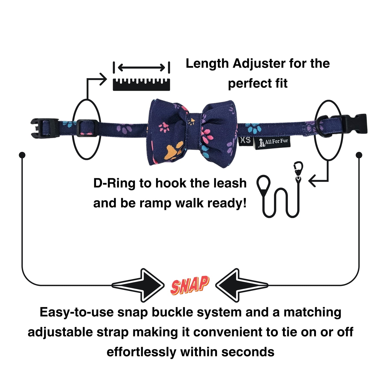 Blue Paws Print Cat & Puppy Bow Tie | Snap-Buckle Closure | D-Ring Attachment