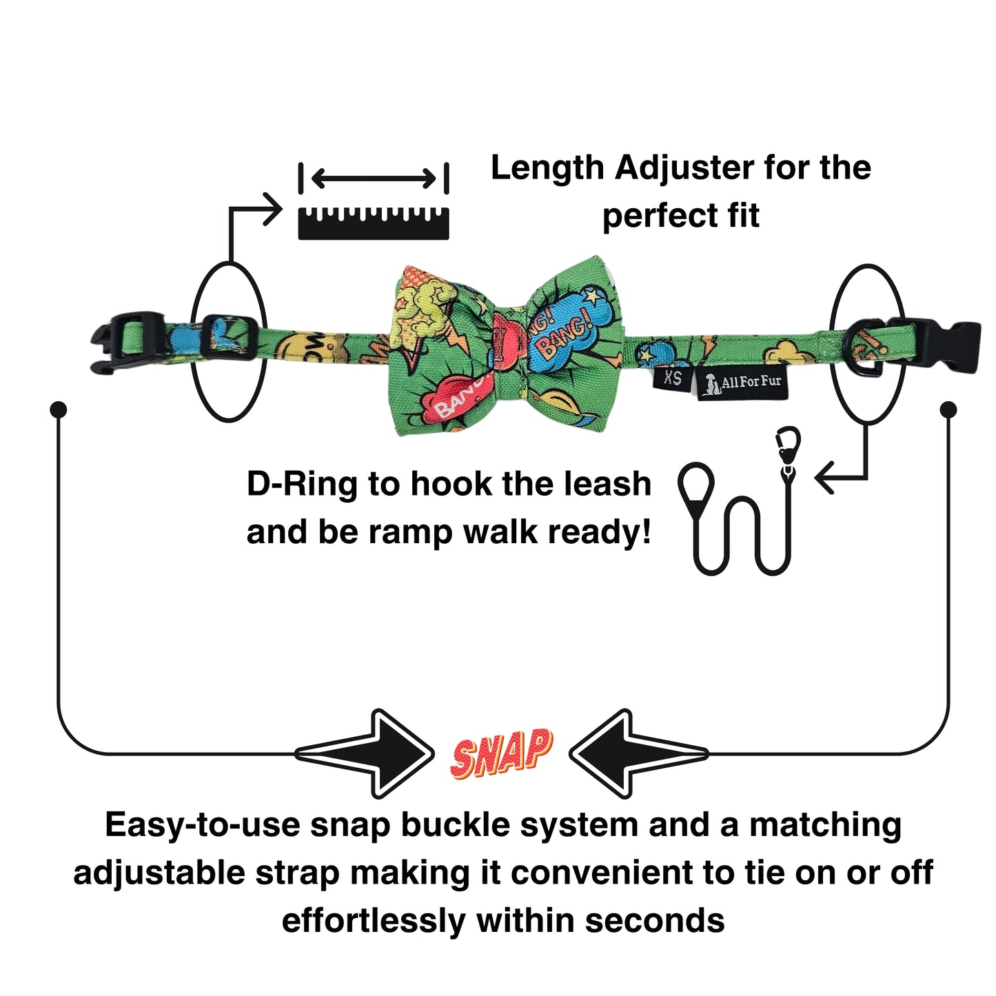 Green Big Bang Print Cat & Puppy Bow Tie | Snap-Buckle Closure | D-Ring Attachment
