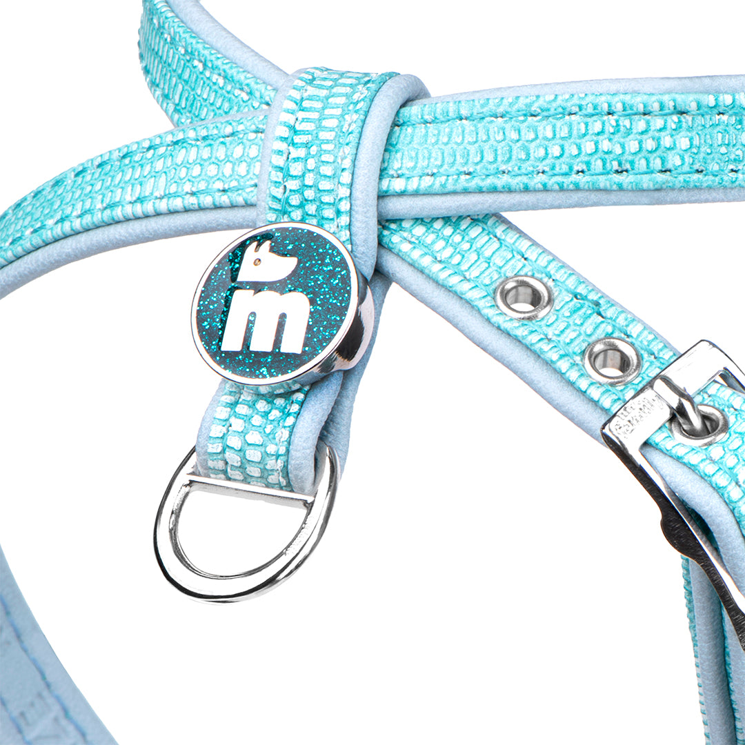 MyFamily X harness of the Saint Tropez collection in fine crafted turquoise leatherette