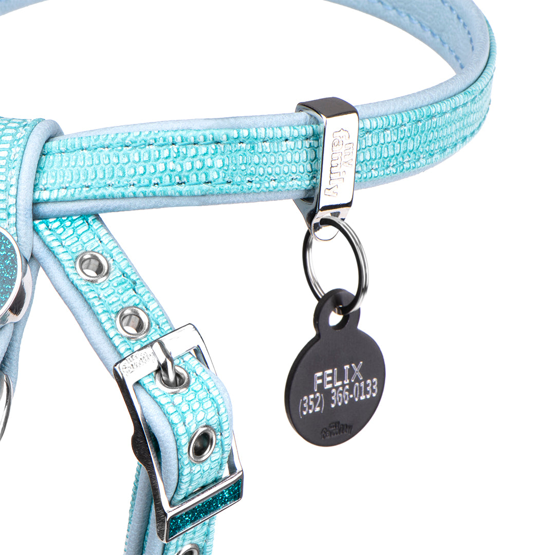 MyFamily X harness of the Saint Tropez collection in fine crafted turquoise leatherette