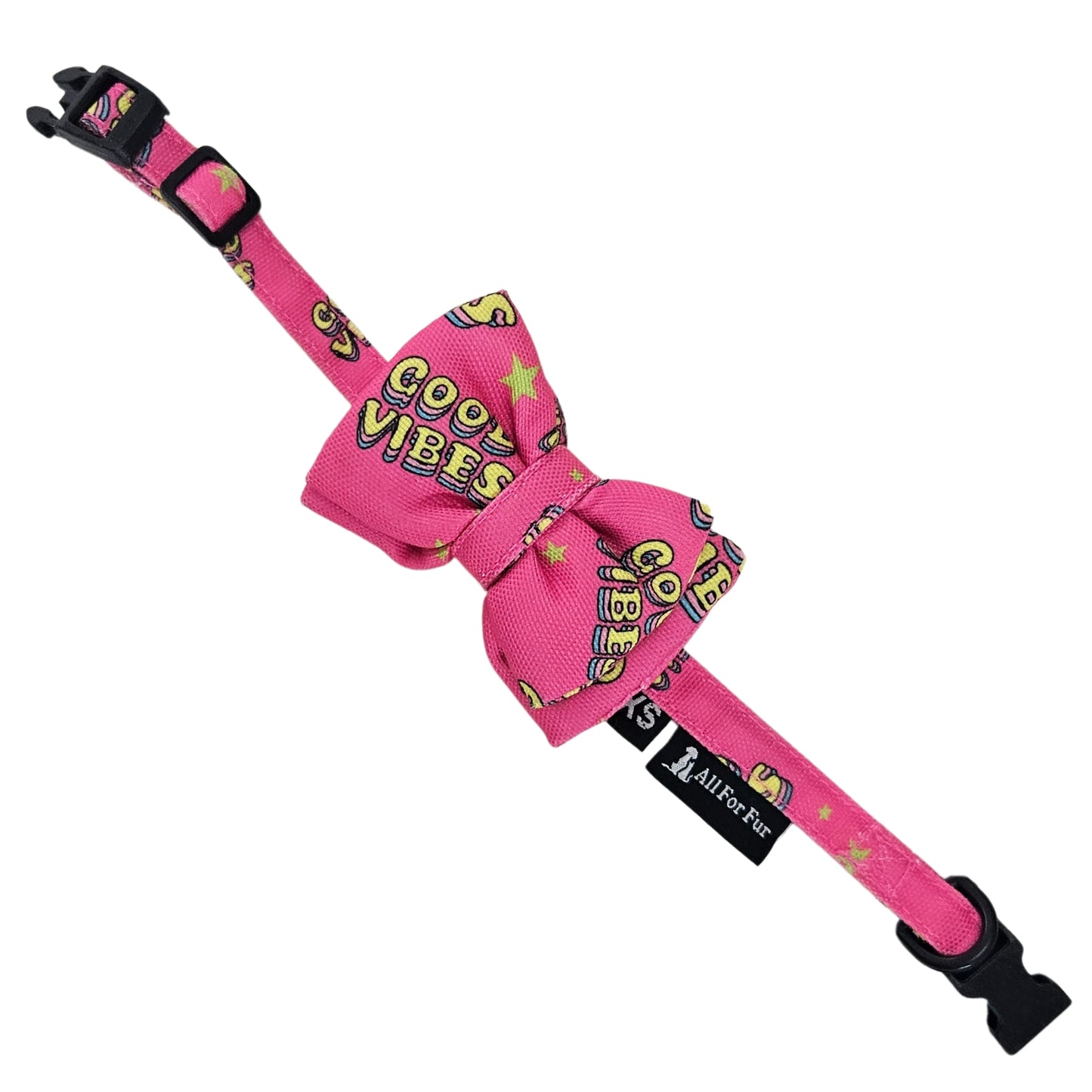 Good Vibes Print Cat & Puppy Bow Tie | Snap-Buckle Closure | D-Ring Attachment