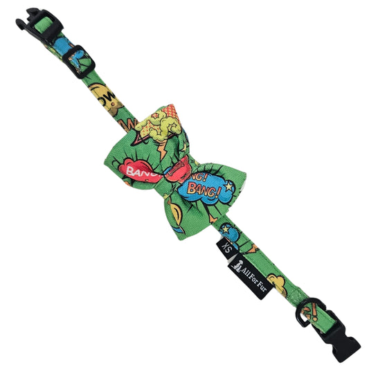 Green Big Bang Print Cat & Puppy Bow Tie | Snap-Buckle Closure | D-Ring Attachment