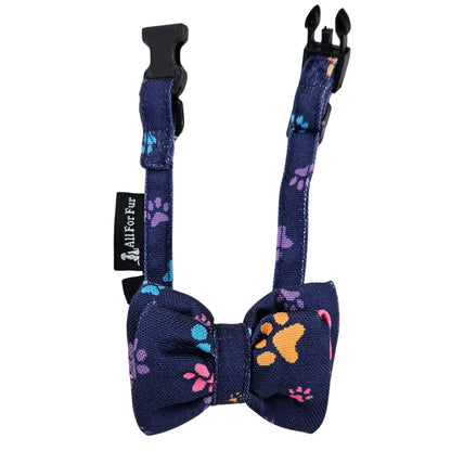 Blue Paws Print Cat & Puppy Bow Tie | Snap-Buckle Closure | D-Ring Attachment
