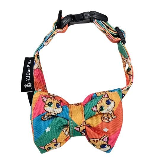 Rainbow Cat Print Cat & Puppy Bow Tie | Snap-Buckle Closure | D-Ring Attachment
