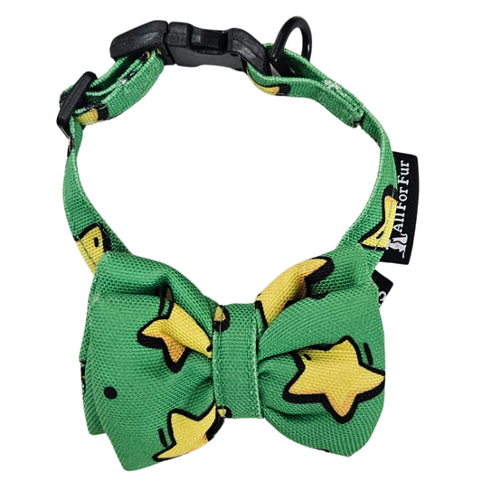 Green Stars Print Cat & Puppy Bow Tie | Snap-Buckle Closure | D-Ring Attachment