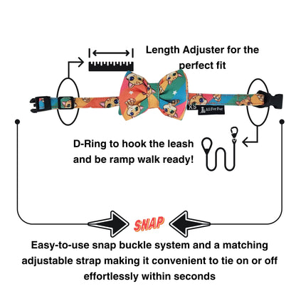 Rainbow Cat Print Cat & Puppy Bow Tie | Snap-Buckle Closure | D-Ring Attachment