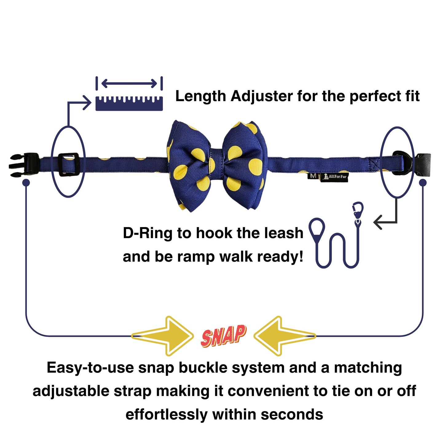 Purple Polka Bow Tie | Snap-Buckle Closure | D-Ring Attachment