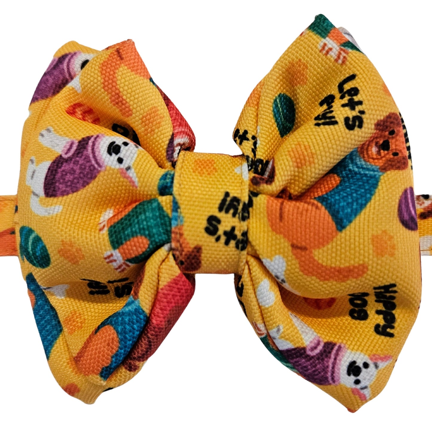 Yellow Dogs Print Bow Tie | Snap-Buckle Closure | D-Ring Attachment