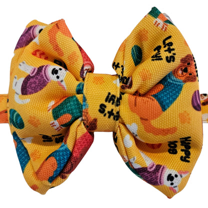 Yellow Dogs Print Bow Tie | Snap-Buckle Closure | D-Ring Attachment