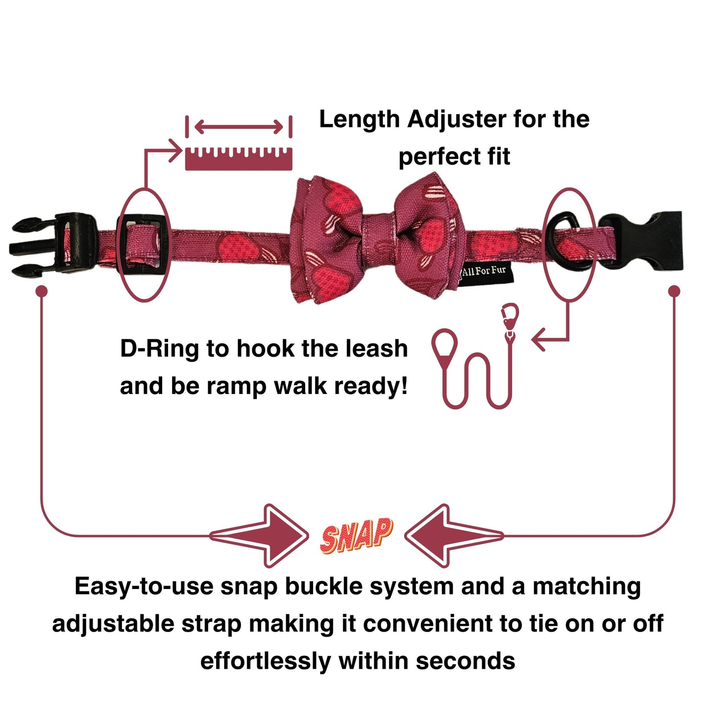 Purple Hearts Cat & Puppy Bow Tie | Snap-Buckle Closure | D-Ring Attachment