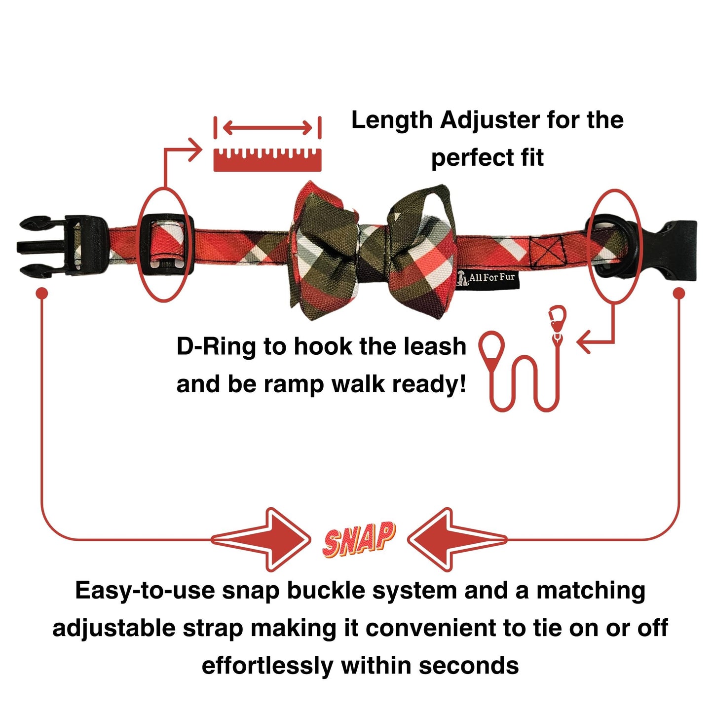 Red Christmas Checks Cat & Puppy Bow Tie | Snap-Buckle Closure | D-Ring Attachment