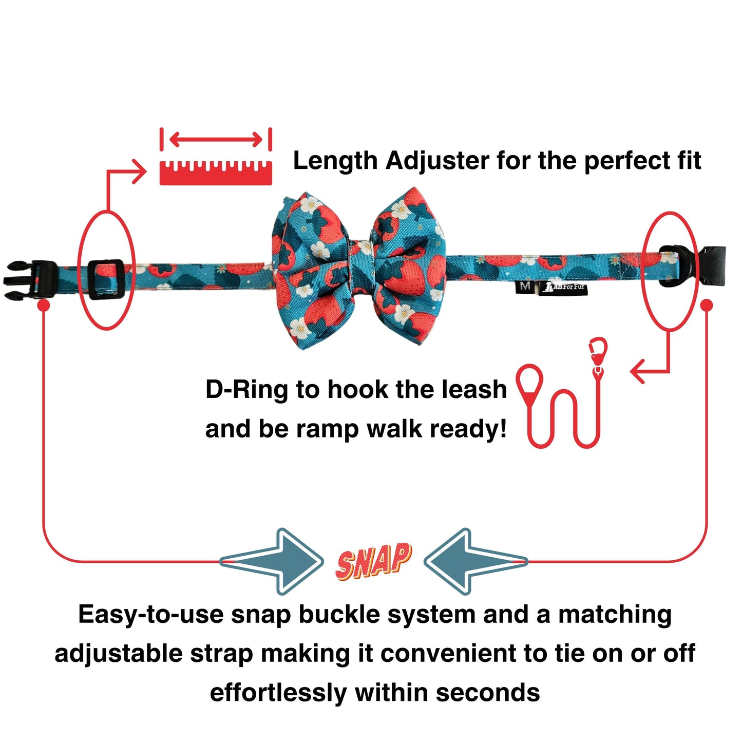 Blue & Red Strawberries Bow Tie | Snap-Buckle Closure | D-Ring Attachment