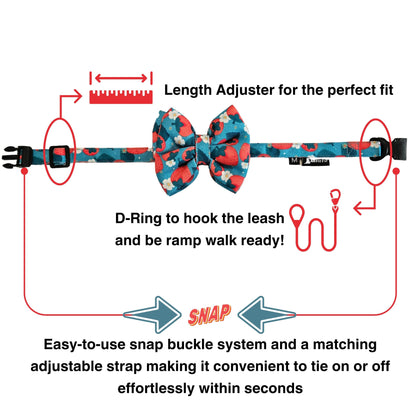 Blue & Red Strawberries Bow Tie | Snap-Buckle Closure | D-Ring Attachment