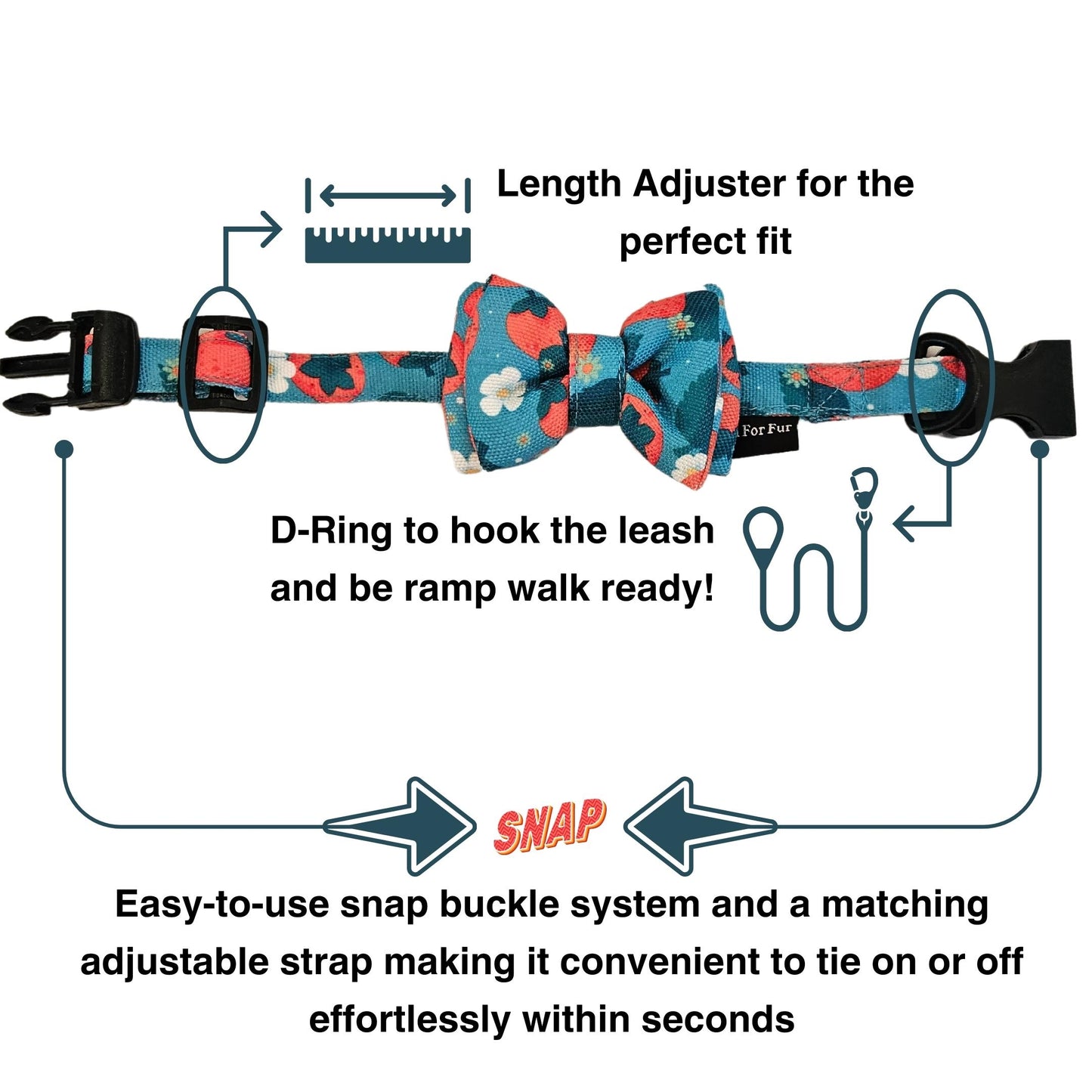 Blue & Red Strawberries Cat & Puppy Bow Tie | Snap-Buckle Closure | D-Ring Attachment