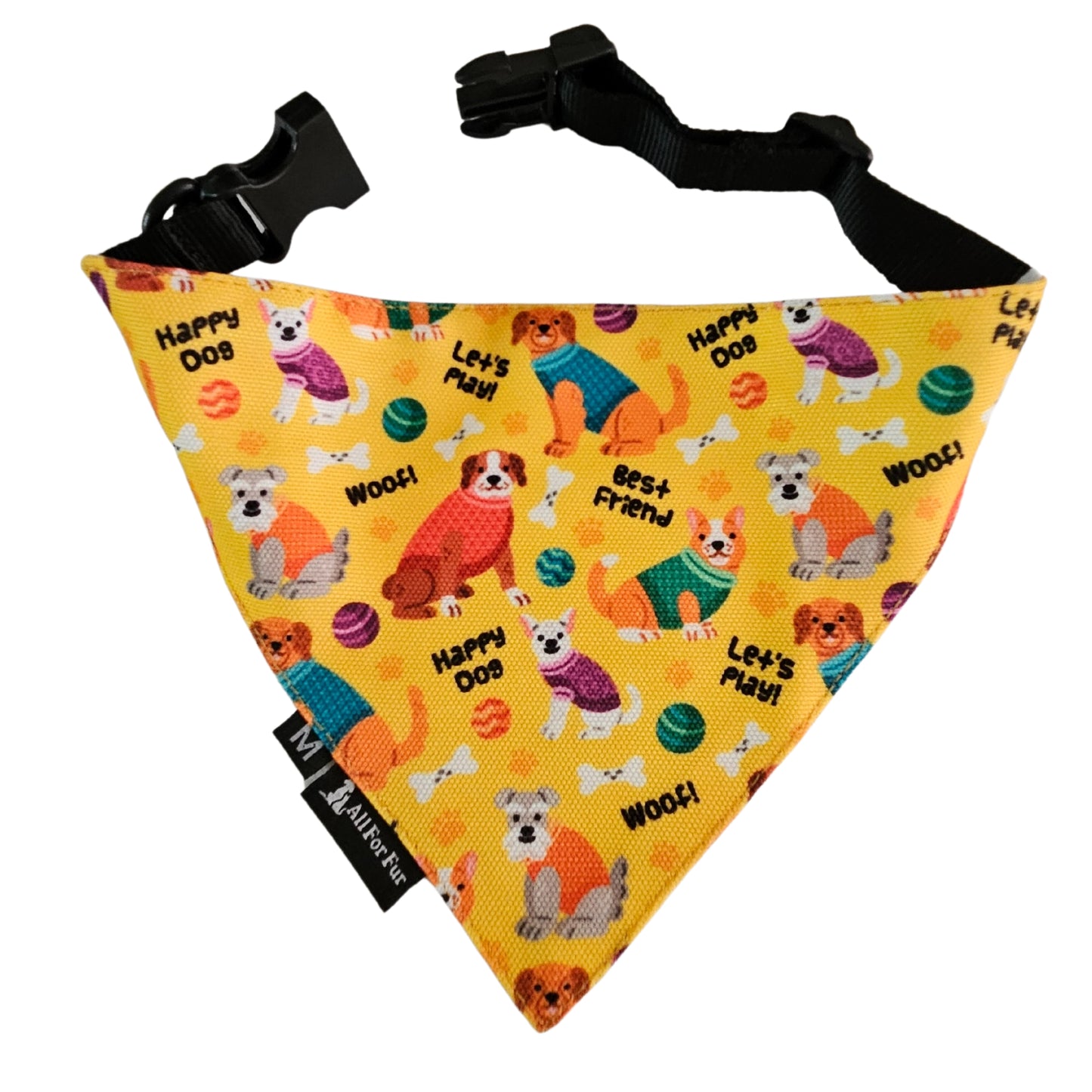 Yellow Dogs Print Bandana | Snap-Buckle Closure | D-Ring Attachment