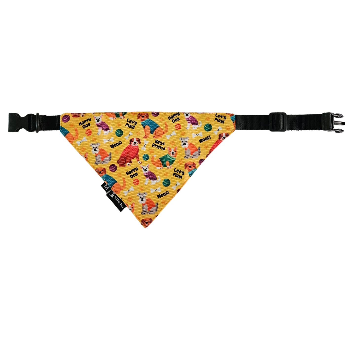 Yellow Dogs Print Bandana | Snap-Buckle Closure | D-Ring Attachment