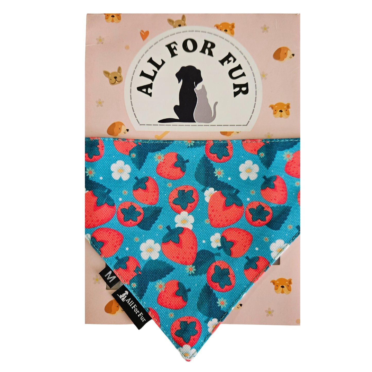 Blue & Red Strawberries Bandana | Snap-Buckle Closure | D-Ring Attachment