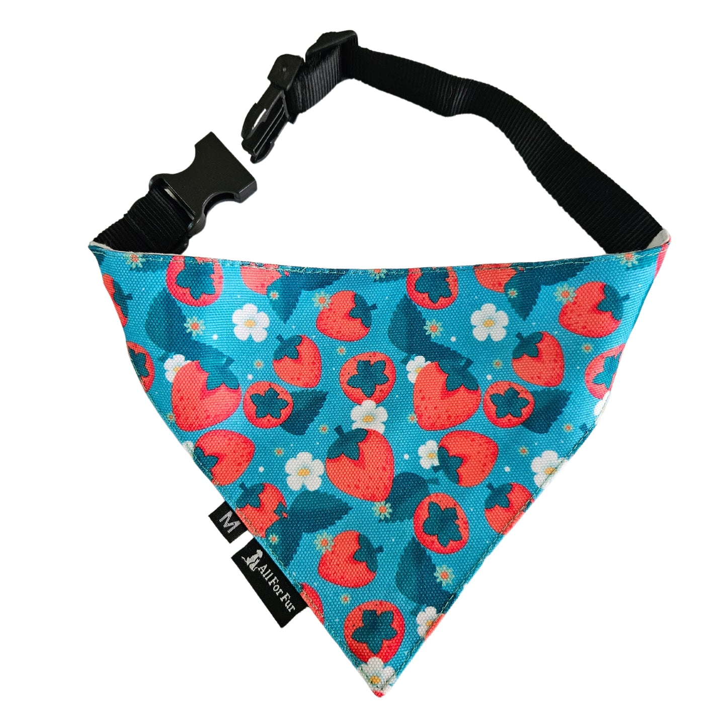 Blue & Red Strawberries Bandana | Snap-Buckle Closure | D-Ring Attachment