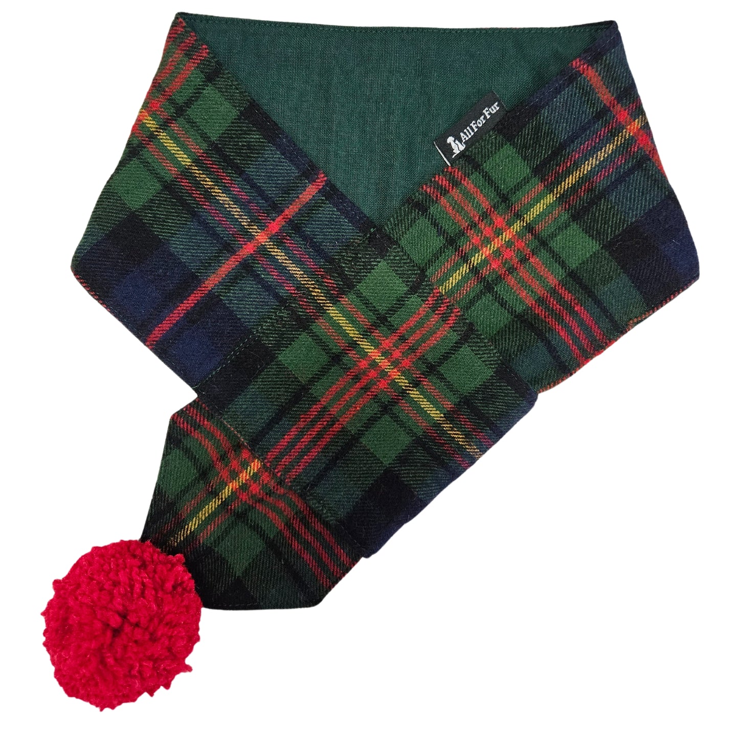 Green Reversible Plaid with Red Pom Pom Dog Scarf