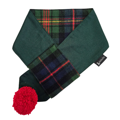 Green Reversible Plaid with Red Pom Pom Dog Scarf