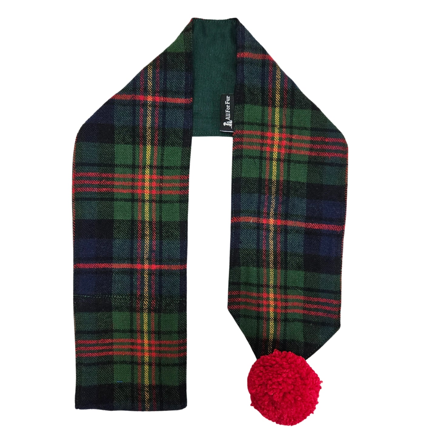 Green Reversible Plaid with Red Pom Pom Dog Scarf