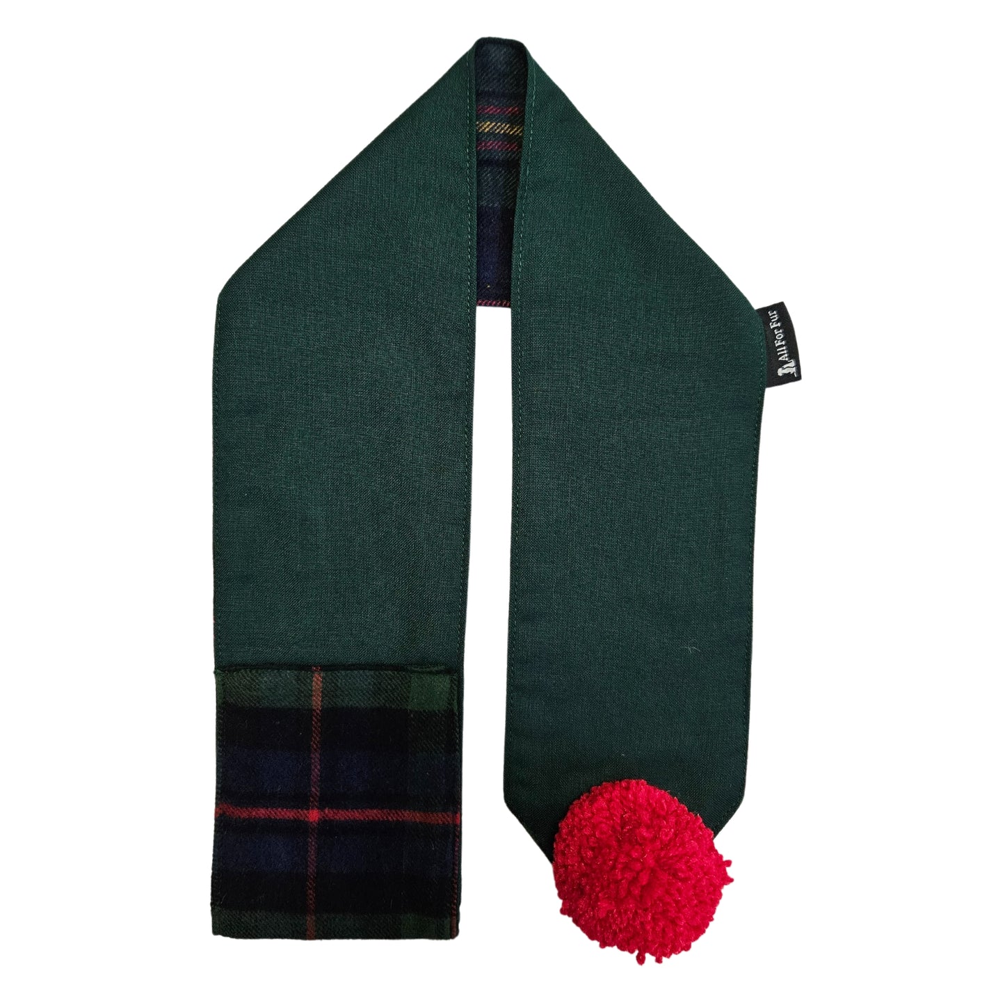 Green Reversible Plaid with Red Pom Pom Dog Scarf