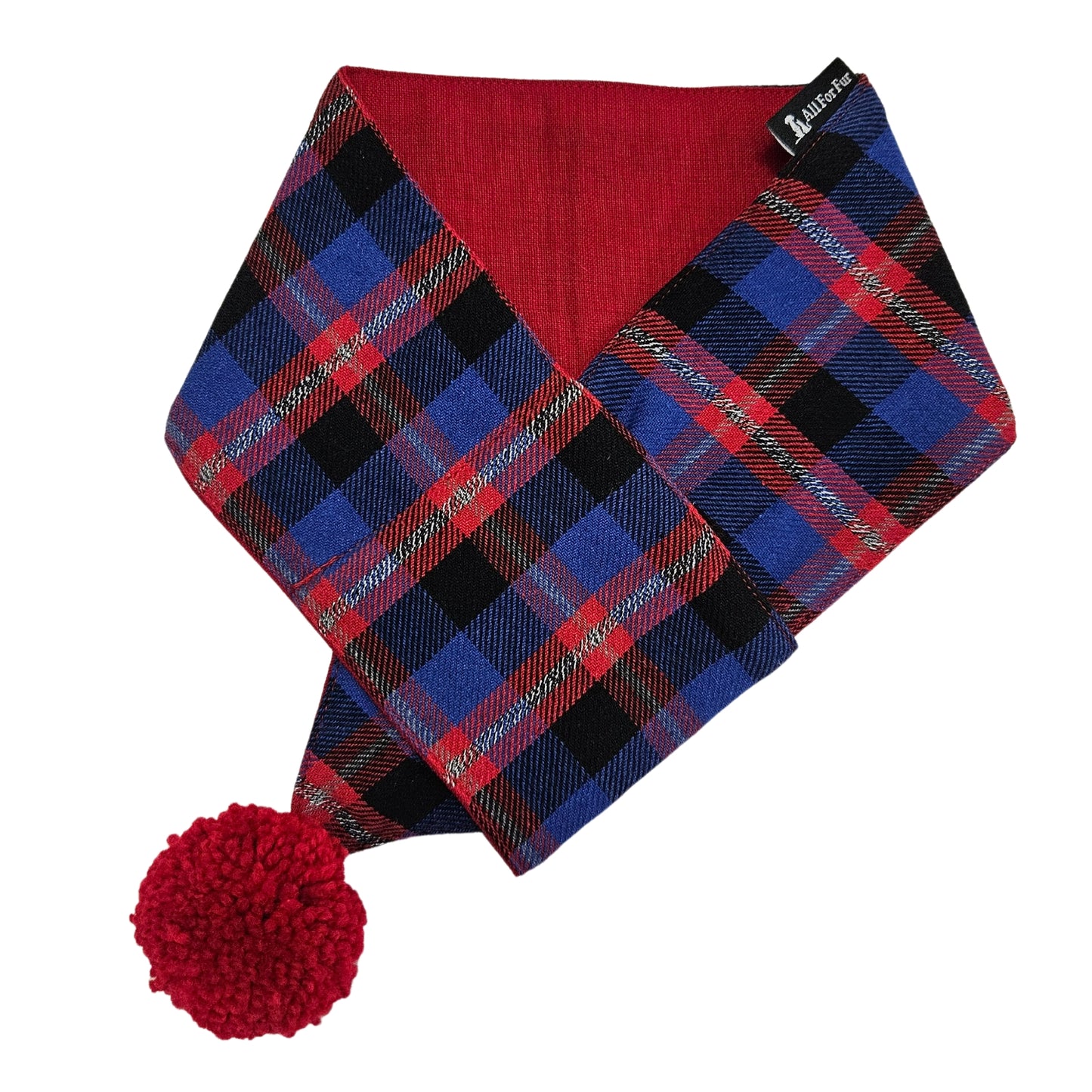 Red & Blue Reversible Plaid with Red Pom Pom Dog Scarf