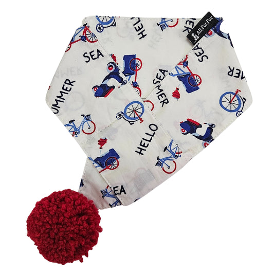 Summer Sea Navy White with Red Pom Pom Dog Scarf