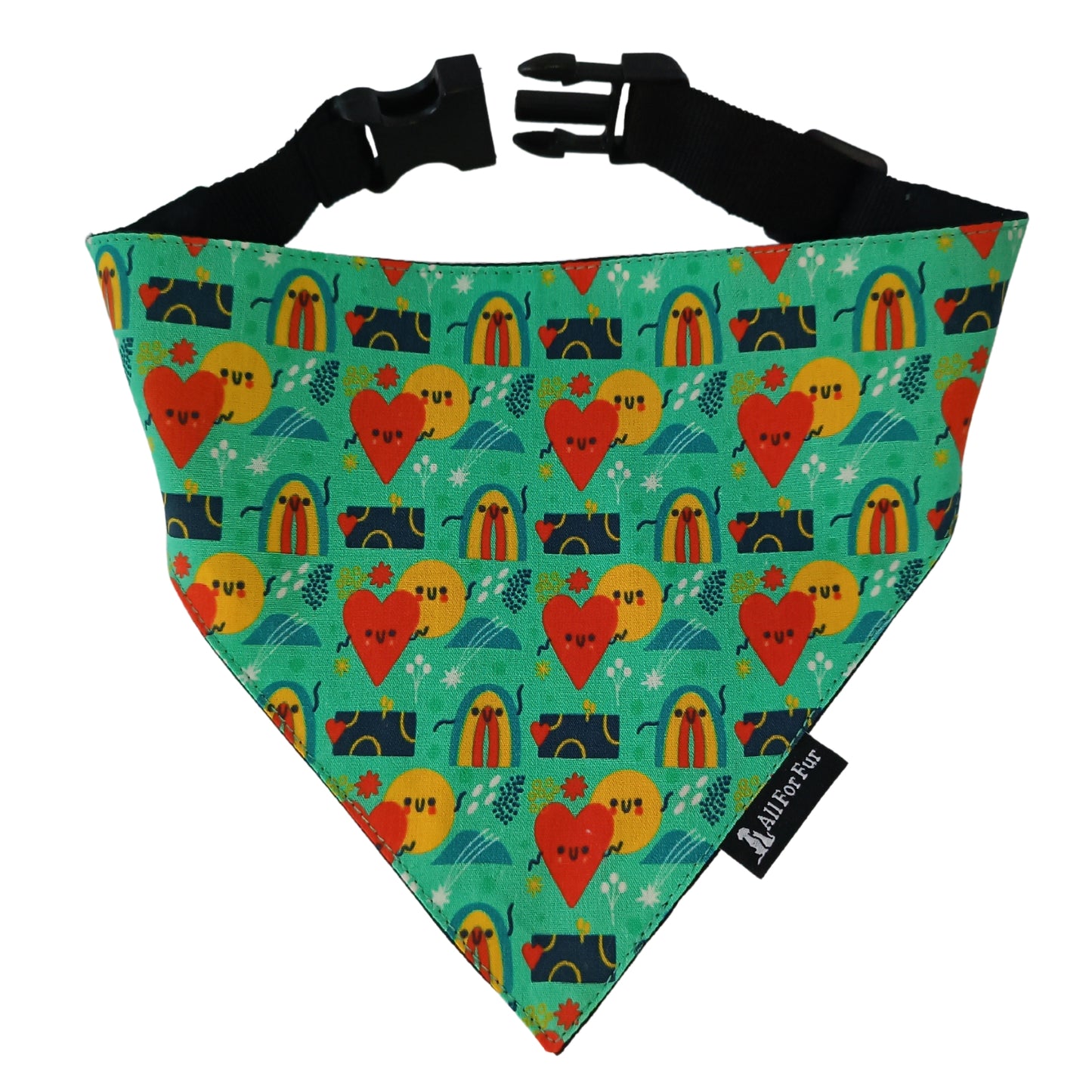 Hearts & Rainbow Green Bandana | Snap-Buckle Closure