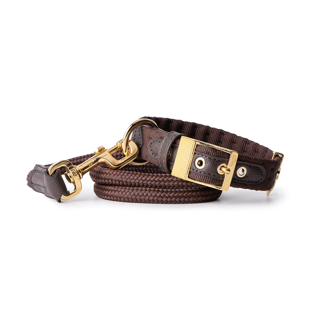 MyFamily Milano Dog Collar in Premier Quality Italian Brown Nylon with 24K Gold Plated finishing